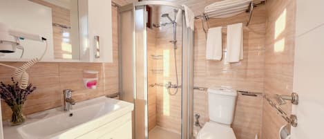 Uma casa de banho moderna com chuveiro de vidro, sanita e toucador com espelho.
