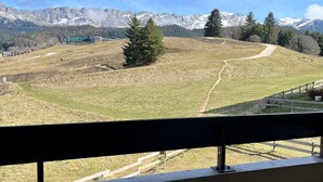 Blick vom Balkon auf eine hügelige Landschaft mit einem Pfad, einem Holzzaun und einem Gebäude in der Ferne.