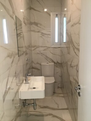 Douche, sèche-cheveux, serviettes fournies, savon