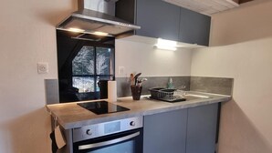 A compact kitchen with a built-in oven, a stovetop, and a stainless steel range hood. - Spacious lodge with fireplace and forest terrace, pets allowed (La Versanne)