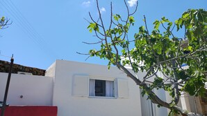 A white building with a window and shutters, a red wall, and a tree with green leaves. - Cycladic Charming Studio in Mykonos (Mykonos)