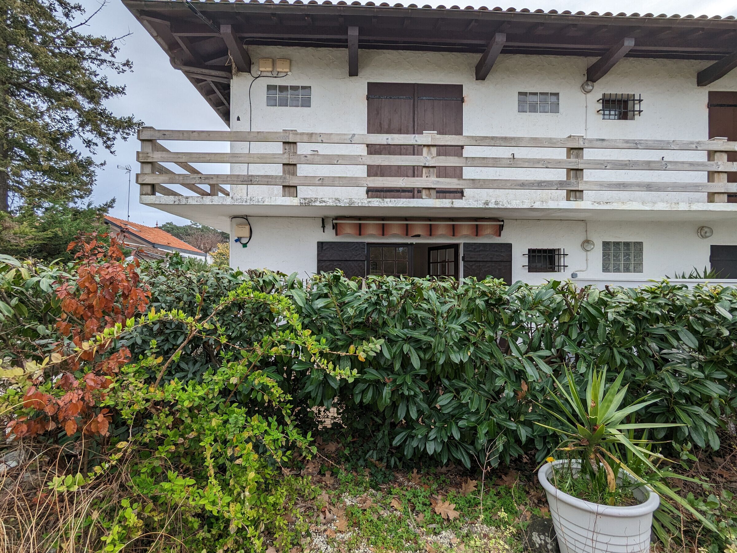 A two-story building with a balcony, surrounded by dense greenery and a potted plant.