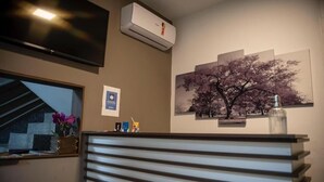 Un comptoir d’accueil équipé d’un téléviseur à écran plat, d’un appareil de climatisation, d’œuvres d’art encadrées et d’un vase rempli de fleurs.