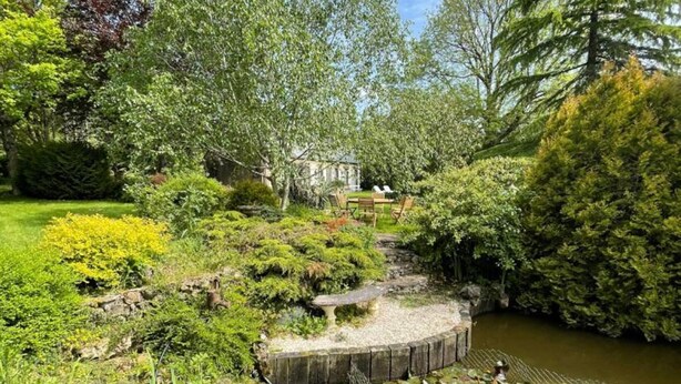 A garden with a pond, surrounded by various plants and trees. - Charming house with enclosed garden in Saint-Pierre-des-Loges (Saint-Pierre-des-Loges)