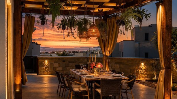 An outdoor dining area with a table set for four, surrounded by wicker chairs, under a pergola with hanging plants, overlooking a cityscape at sunset.