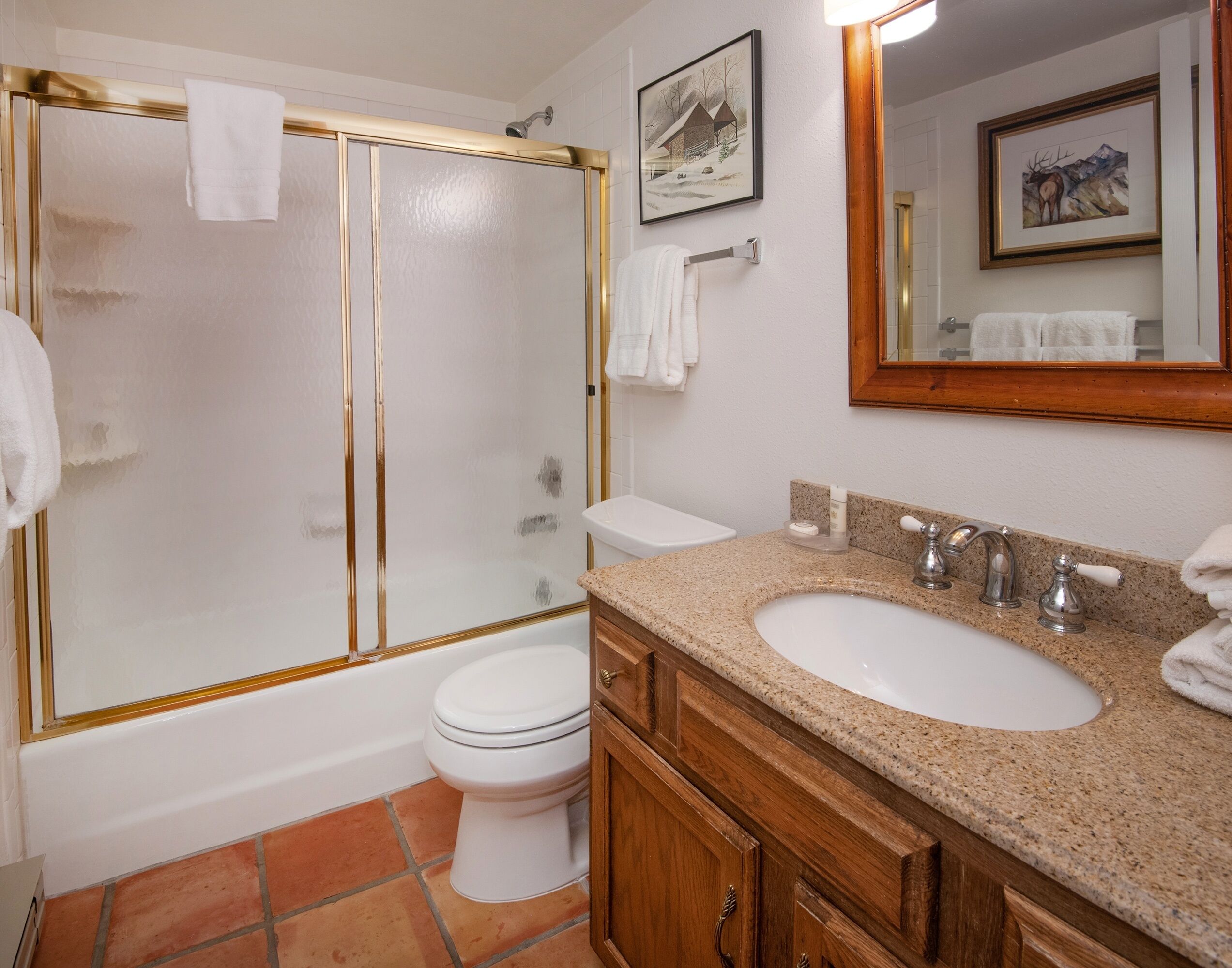 A bathroom with a glass-enclosed shower, a white toilet, a sink with a granite countertop, wooden cabinets, and a mirror above the sink.