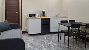 A compact living space with a kitchenette, a dining area, and a sofa.