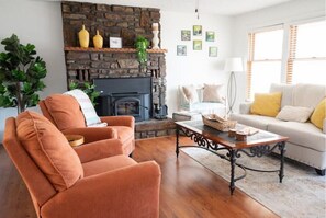 Smart TV, chimenea y libros 