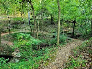 Metsäinen alue, jossa on sorapolku ja puinen rakennelma.