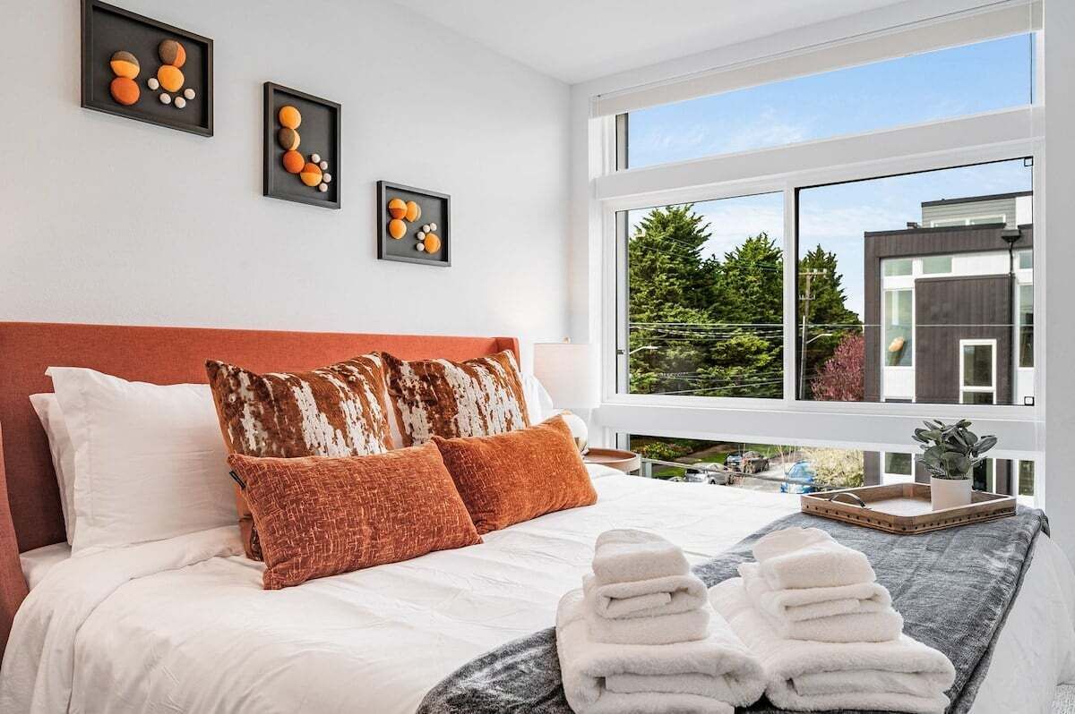 2 bedrooms, desk, blackout drapes, iron/ironing board