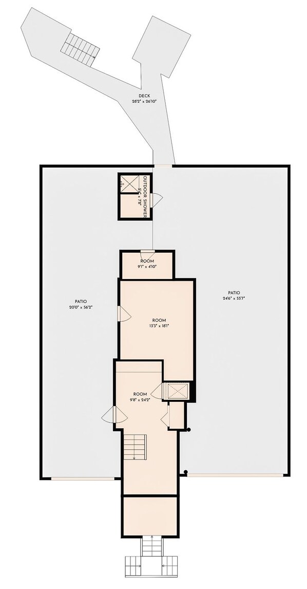 A floor plan with a deck, two patios, and multiple rooms. - Twin Palms Ocean Front 5 bedroom in Inlet Point on S Litchfield! (Pawleys Island)