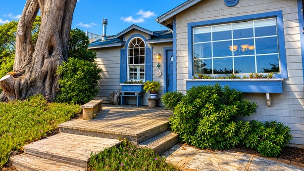 A house with a large tree, a blue door, and a large window. - Fisherman's Cottage~Bodega Bay~Walk to Beach~Surf~Sand~Summer Coastal Escape! (Bodega Bay)