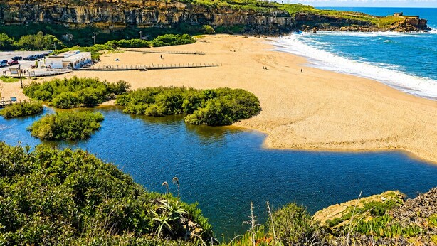 Eine Küstenlandschaft mit Sandstrand, ruhigem Wasser und einer felsigen Klippe mit Vegetation.