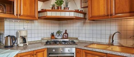 Fridge, microwave, oven, cookware/dishes/utensils