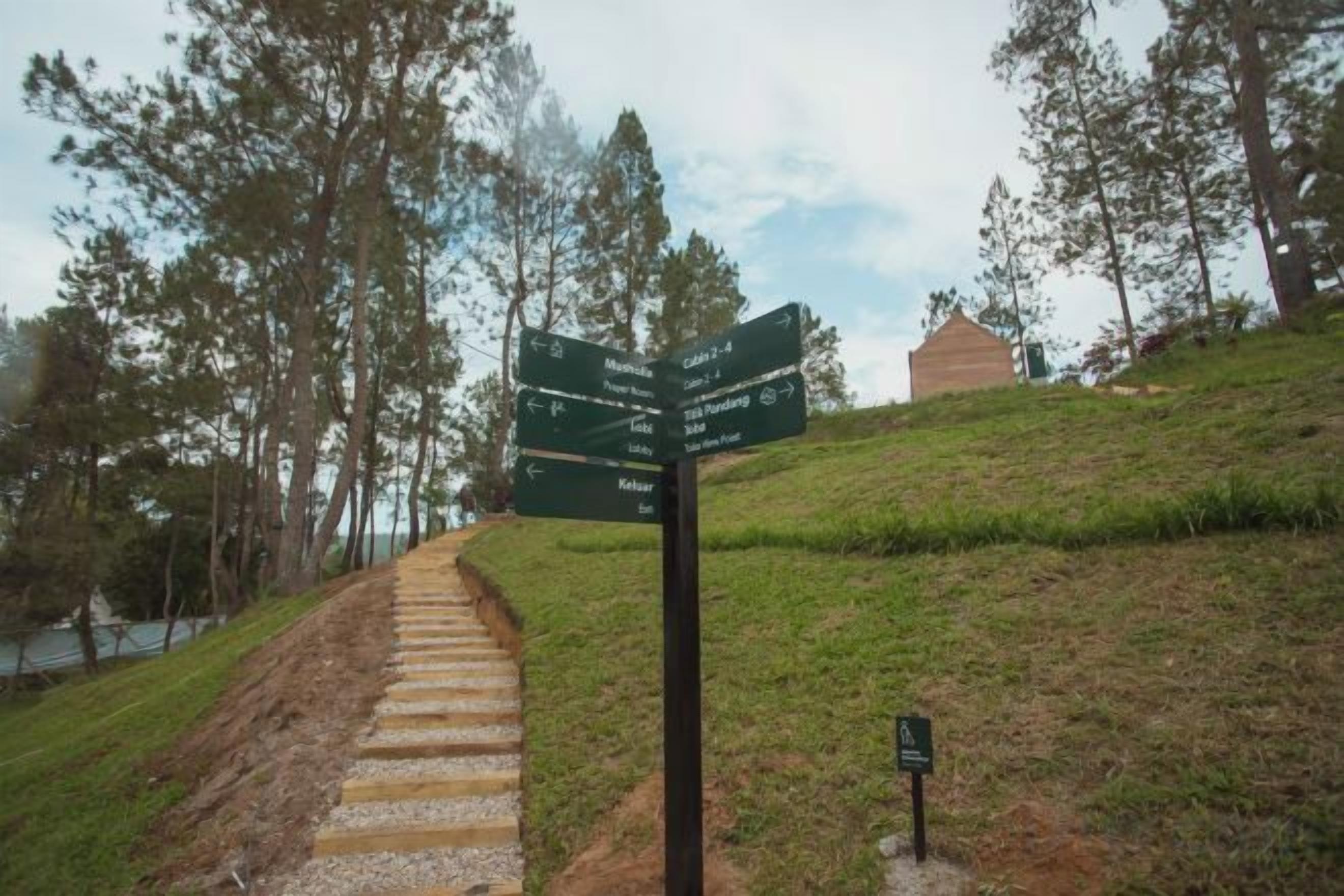 Uma trilha com placas de sinalização, rodeada por árvores e gramado.