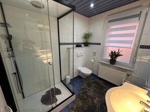 Ducha, secador de pelo, toallas, jabón
