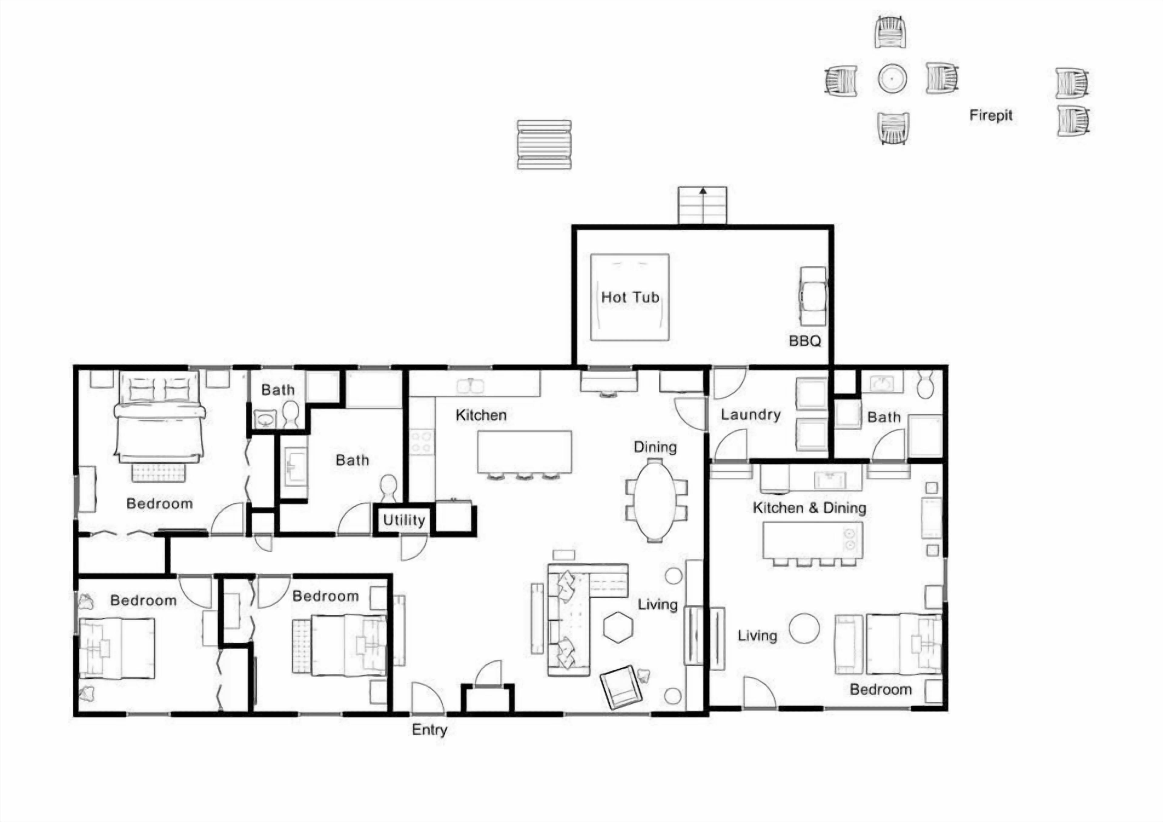 Planta baixa de um hotel com vários quartos, cozinha, sala de jantar, um espaço utilitário, lavanderia, sala de estar e uma banheira de hidromassagem.