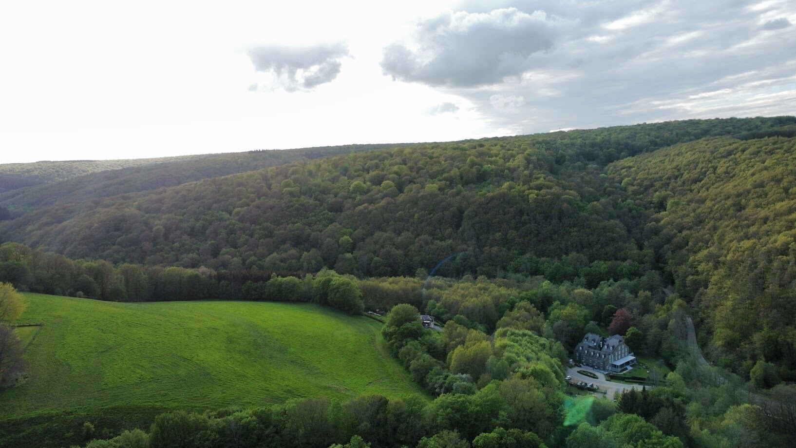 Un vaste domaine doté d’une grande pelouse et d’une imposante maison, le tout entouré d’une forêt dense.