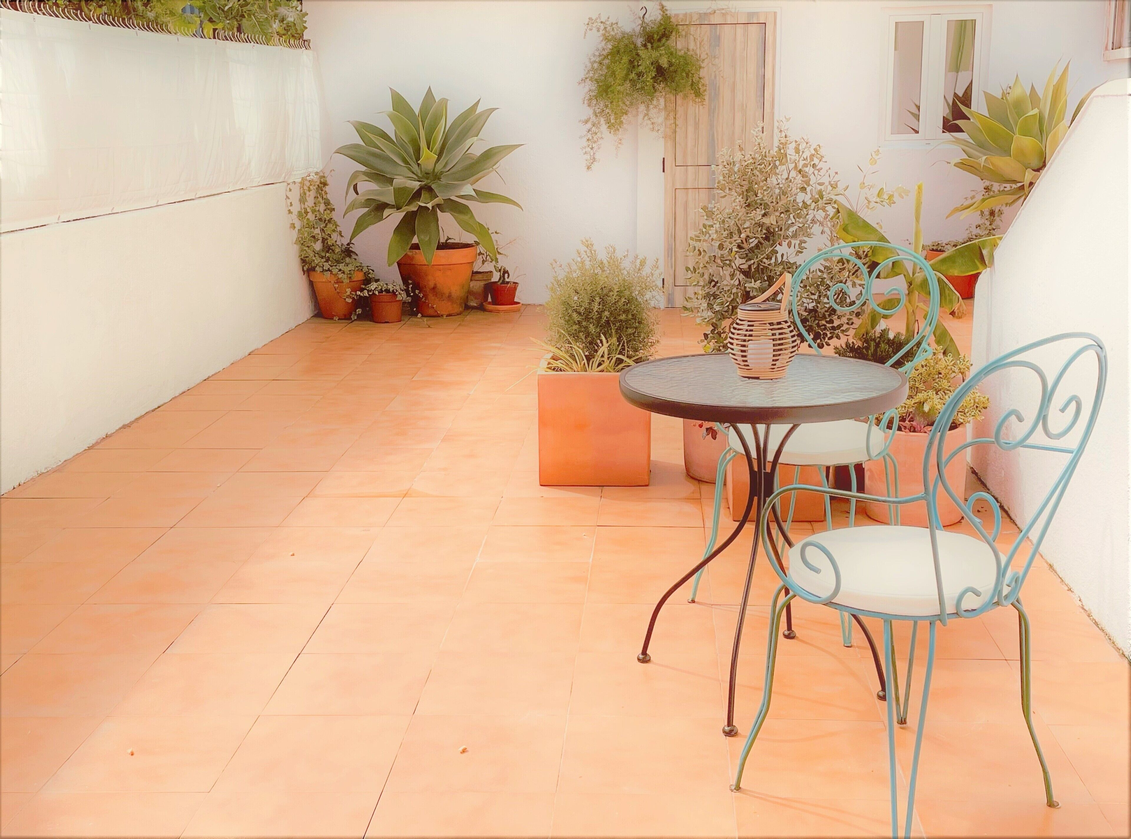 Un piccolo patio con un tavolo rotondo e sedie, circondato da piante in vaso e una porta in legno.