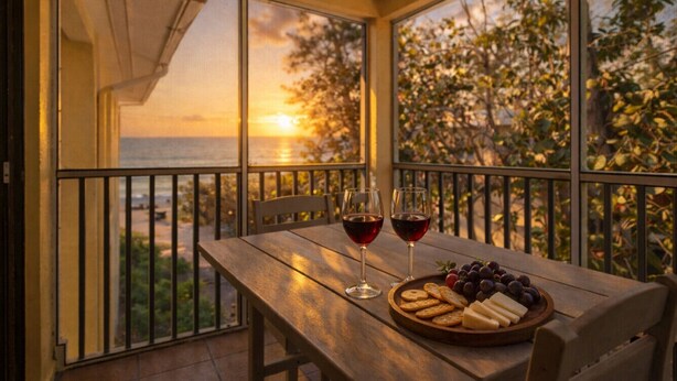 A balcony with a table set for a meal, two glasses of red wine, and a plate of cheese and grapes. - Beach Condo with Quiet, Private Beach (Longboat Key)