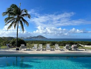A poolside area with lounge chairs and a palm tree, overlooking a scenic view of the ocean and hills. - A View to Remember (Newcastle)