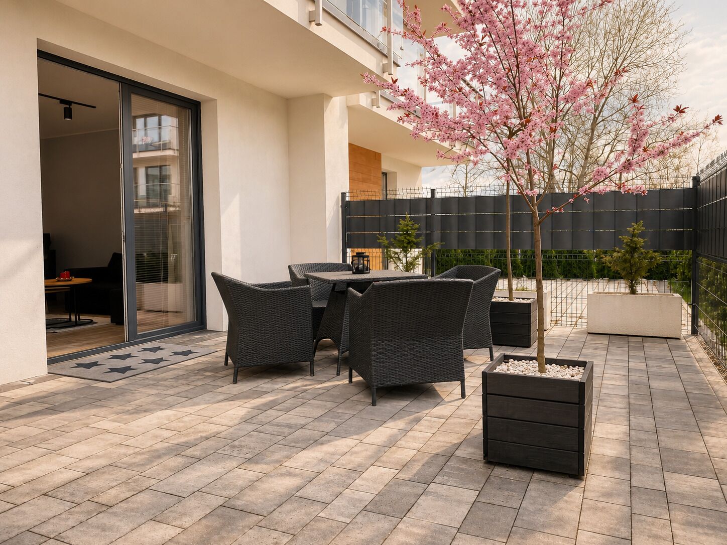 A patio with outdoor furniture, a small tree with pink blossoms, and a black fence.