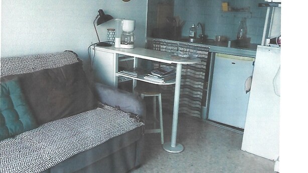 Un espace de vie compact comprenant un canapé, une petite table, un coin cuisine et un réfrigérateur.