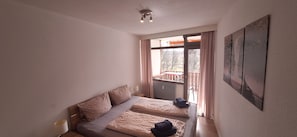 Une chambre avec deux lits, une fenêtre avec des rideaux, un luminaire au plafond et une œuvre d’art accrochée au mur.