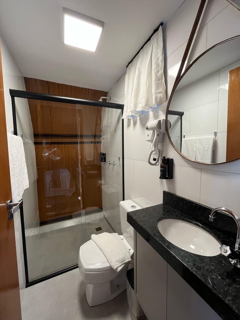 A modern bathroom with a glass-enclosed shower, a white toilet, a black marble sink, and a large mirror.