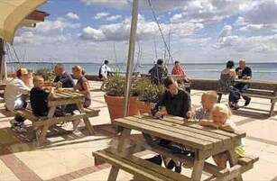 Un área de estar al aire libre con mesas y bancos de madera, plantas en macetas y vista al mar.