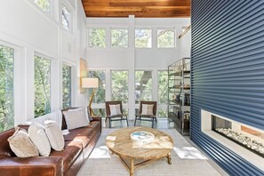 TV connectée, cheminée, livres, espaces bureaux