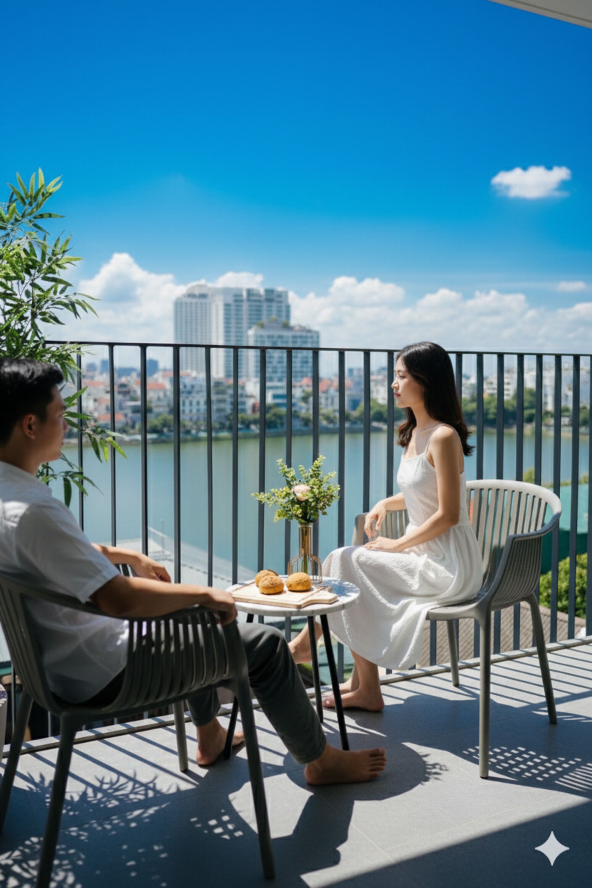 Un balcón con dos sillas, una mesa pequeña con un florero y pasteles, y vistas a un río y edificios.