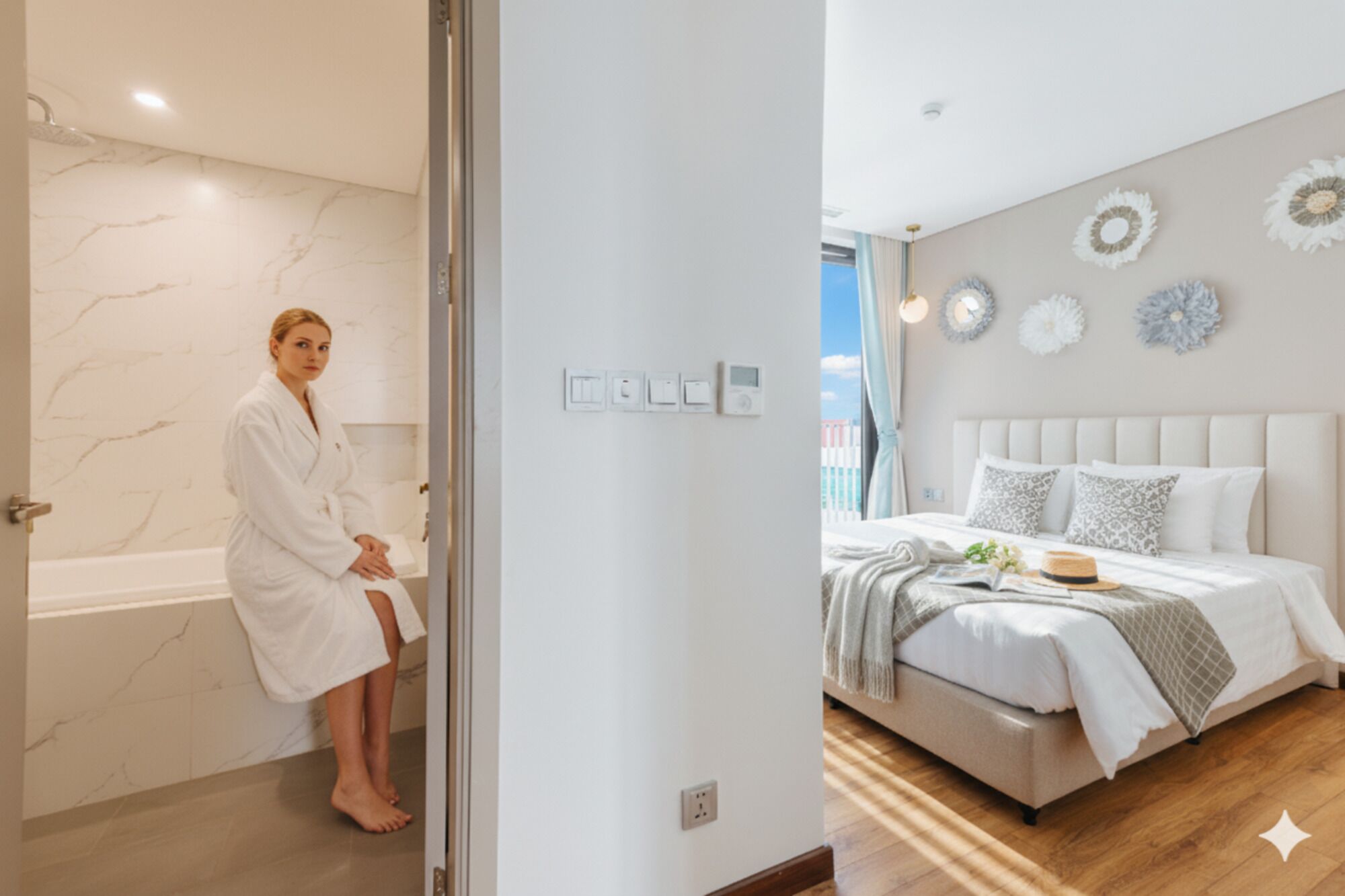 Une salle de bain moderne avec un mur en marbre et une personne portant un peignoir. La pièce est dotée d’un lit avec une tête de lit blanche et d’œuvres d’art décoratives au mur.