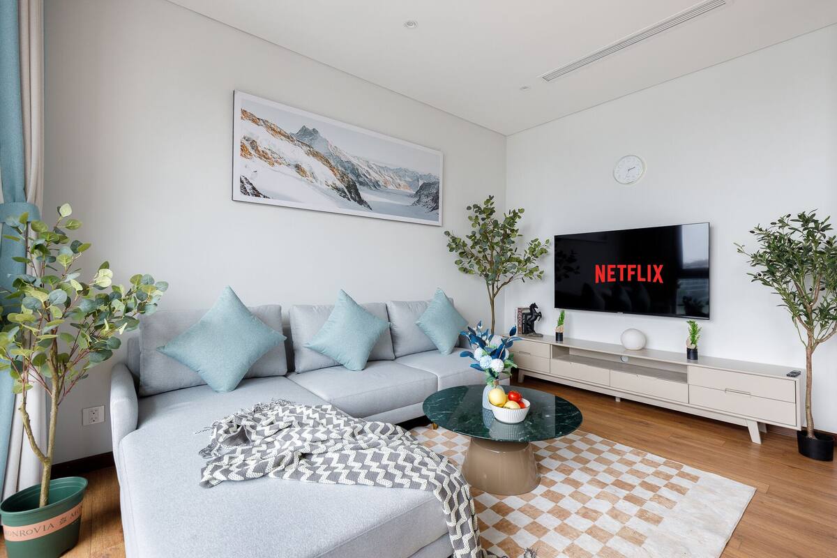 Een moderne woonkamer met een grijze bank, een salontafel, een flatscreen televisie en een schilderij aan de muur.