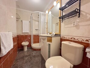 Bathroom features a shower enclosure, toilet, and sink, with a wall-mounted shelf for storage.