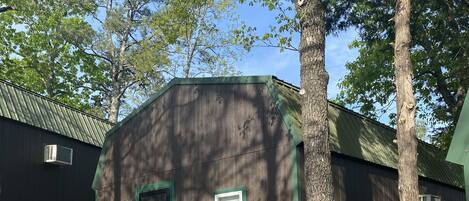 A building with a green door and windows, surrounded by trees and stone steps.