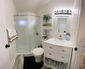 Shower, hair dryer, towels, soap
