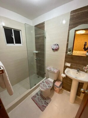 Shower, towels, soap, shampoo