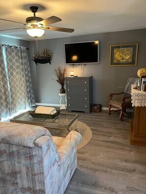 Een open haard en een dvd-speler