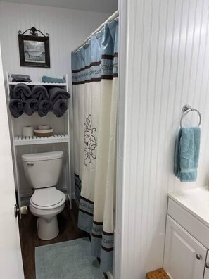 Banheira, secador de cabelo, toalhas de banho, sabonete