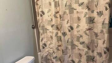 Hair dryer, towels, soap, shampoo