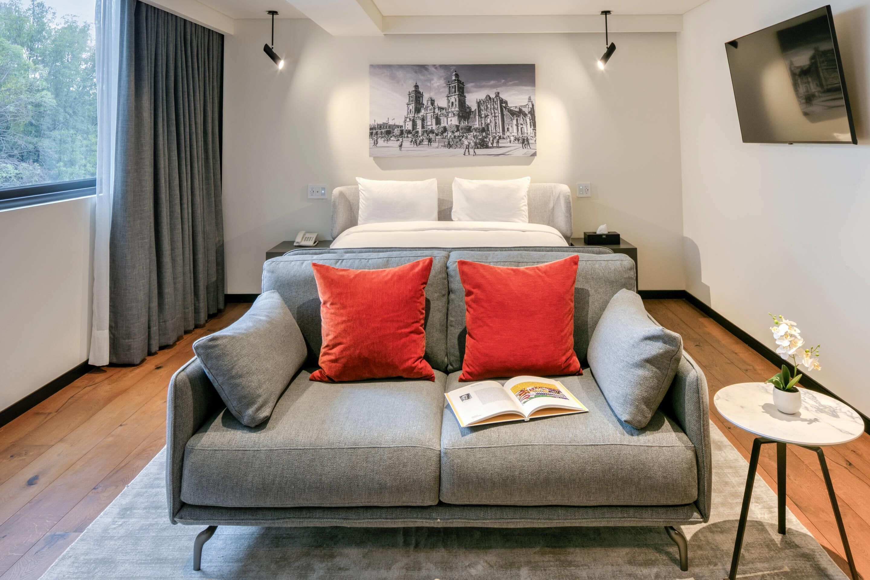 Un hotel moderno con un sofá gris, cojines rojos, una cama con ropa blanca, un cuadro de un paisaje urbano, un televisor y una mesita con una planta.