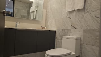 A modern bathroom with a toilet, sink, and mirror.