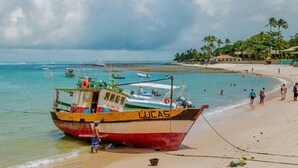 A beach with a boat named 'LUCAS' anchored near the shore, a sandy beach, and palm trees in the background. - PF49 Apto Aconchegante a 200m do Mar (Mata de São João)