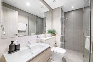 Shower, hair dryer, towels