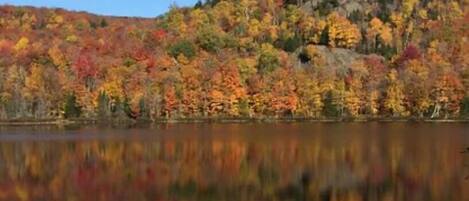 A calm lake reflecting a forested hill with autumn foliage.