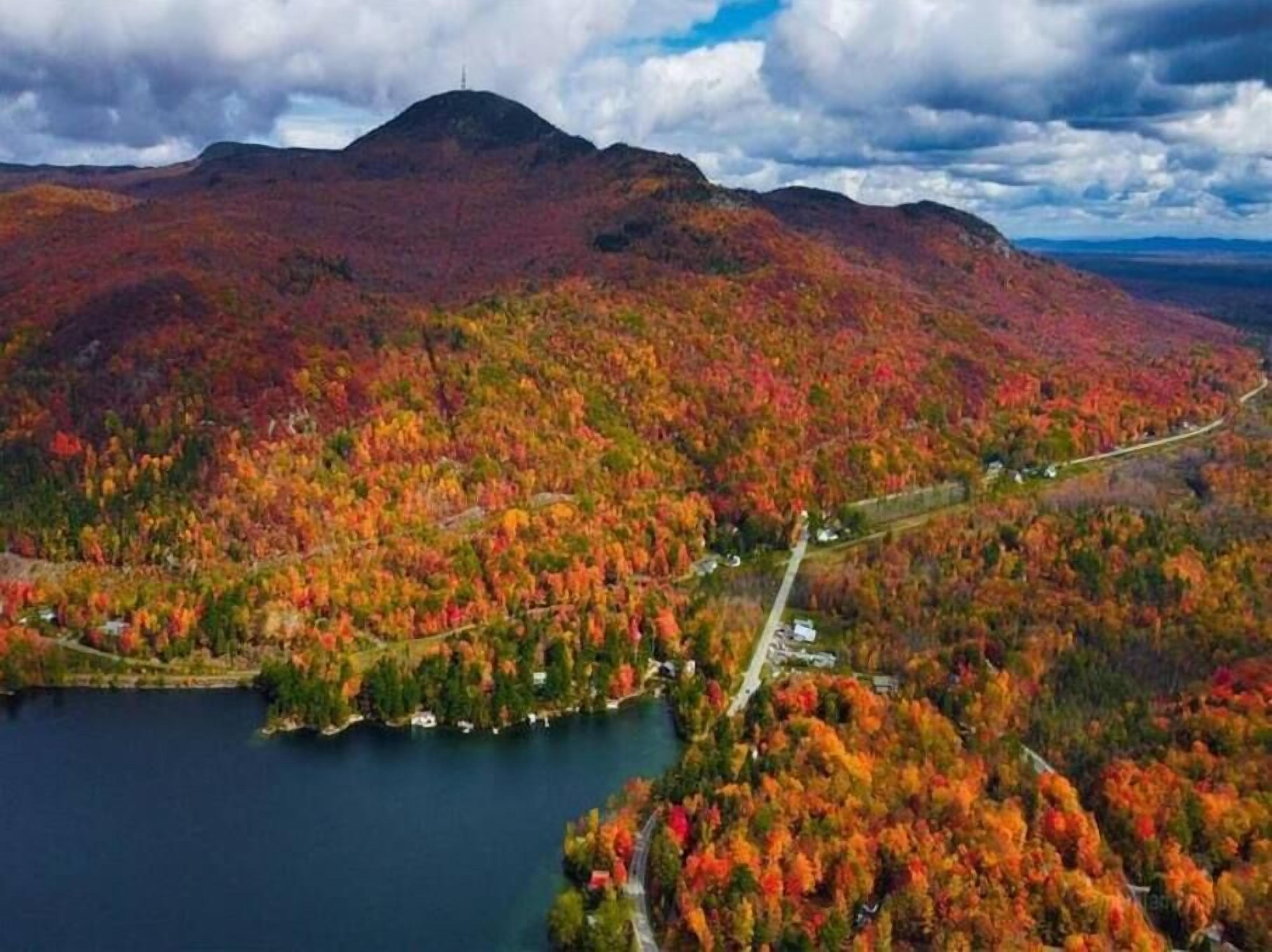 A mountainous landscape with autumn foliage, a lake, and a road.