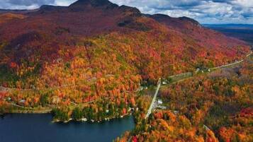 A mountainous landscape with autumn foliage, a lake, and a road.