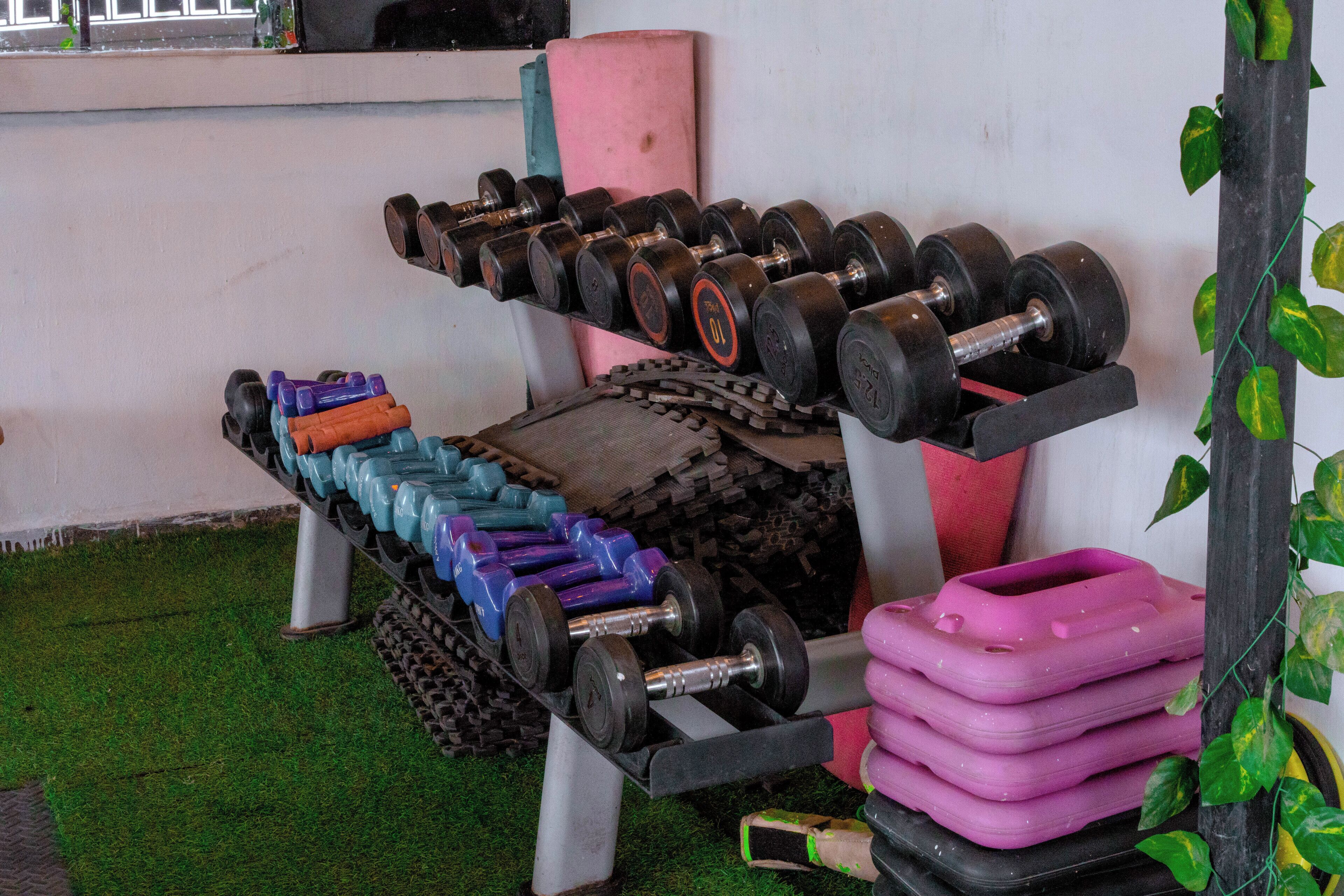 A gym with various weights and exercise equipment.