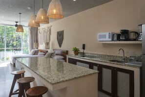 Studio | Private kitchen | Full-sized fridge, microwave, stovetop, coffee/tea maker - Luxury and Family condo in La Veleta (Tulum)